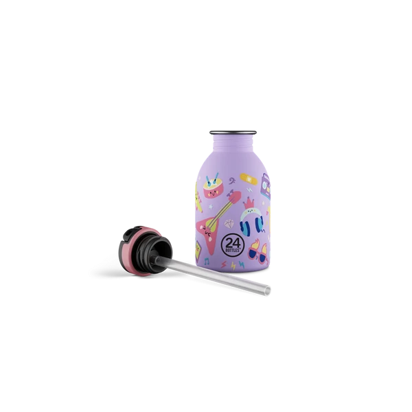 24BOTTLES Kids Urban 250ml rozsdamentes acél kulacs szívószálas kupakkal, Music Friends