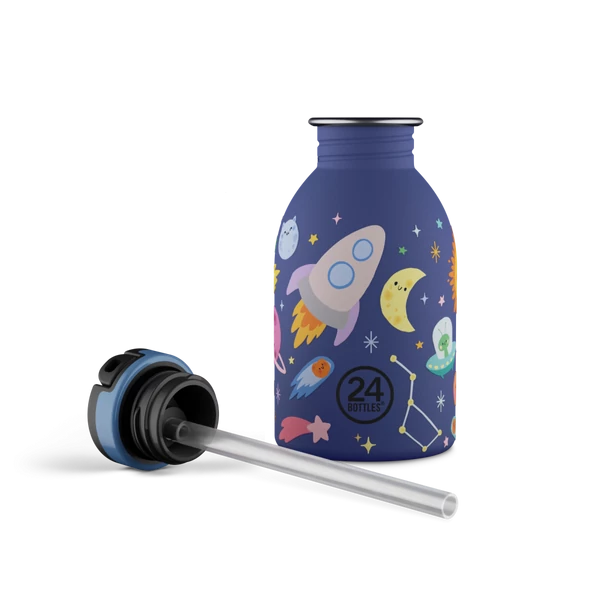 24BOTTLES Kids Urban 250ml rozsdamentes acél kulacs szívószálas kupakkal, Space Friends