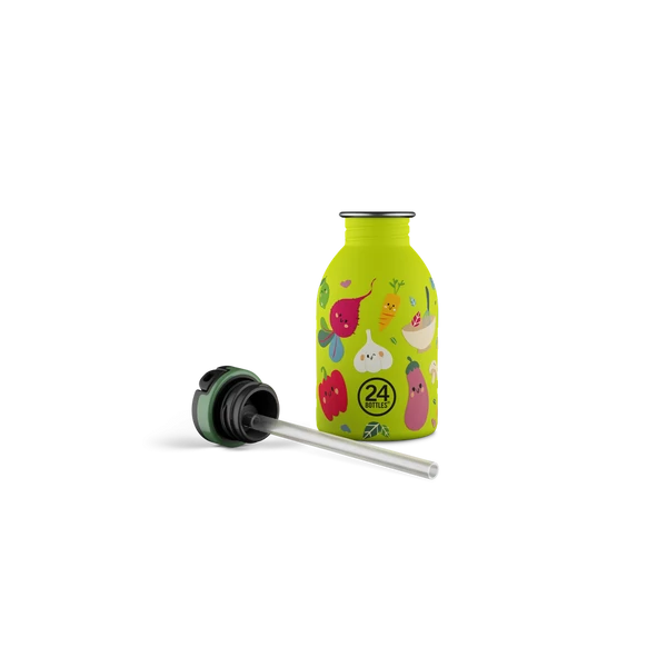 24BOTTLES Kids Urban 250ml rozsdamentes acél kulacs szívószálas kupakkal, Veggie Friends