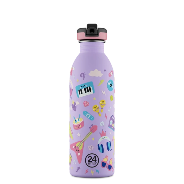 24BOTTLES Kids Urban 500ml rozsdamentes acél kulacs szívószálas kupakkal, Music Friends