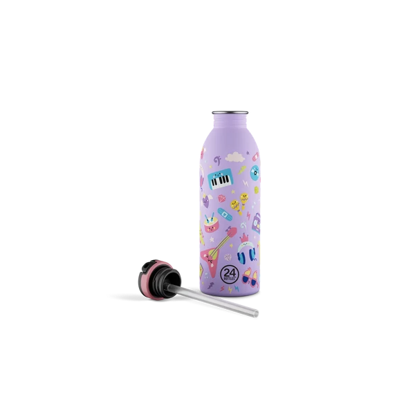 24BOTTLES Kids Urban 500ml rozsdamentes acél kulacs szívószálas kupakkal, Music Friends