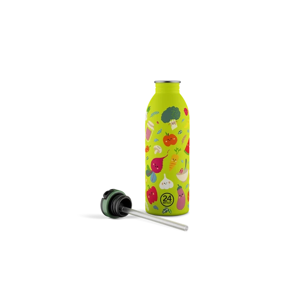 24BOTTLES Kids Urban 500ml rozsdamentes acél kulacs szívószálas kupakkal, Veggie Friends