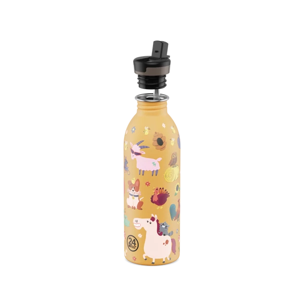 24BOTTLES Kids Urban 500ml rozsdamentes acél kulacs szívószálas kupakkal, Farm Friends